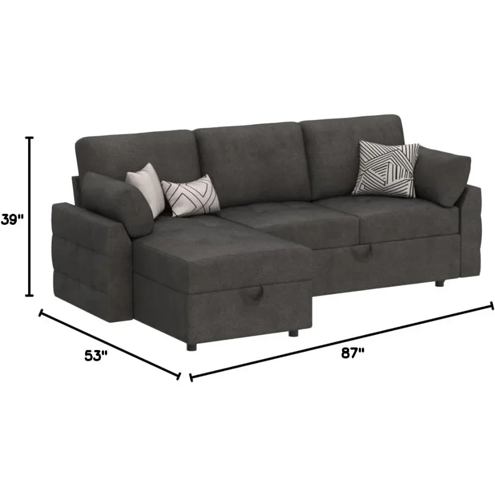 Pull Out Convertible Sleeper Sofa Bed with Storage Chaise, Tufted Sectional Couch for Living Room