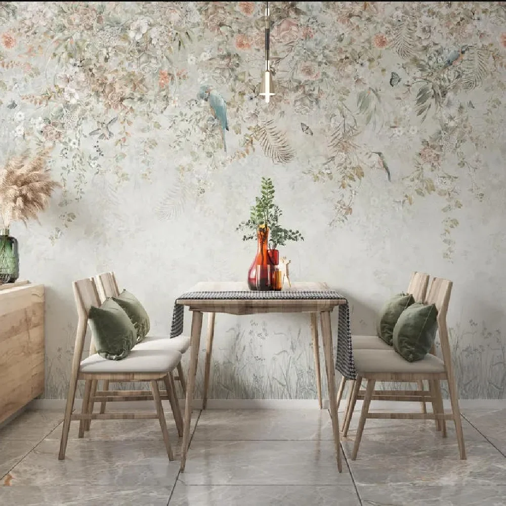 Customized photo wallpaper retro light pink floral branch flower bird mural bedroom TV background wall decoration 3d wallpaper