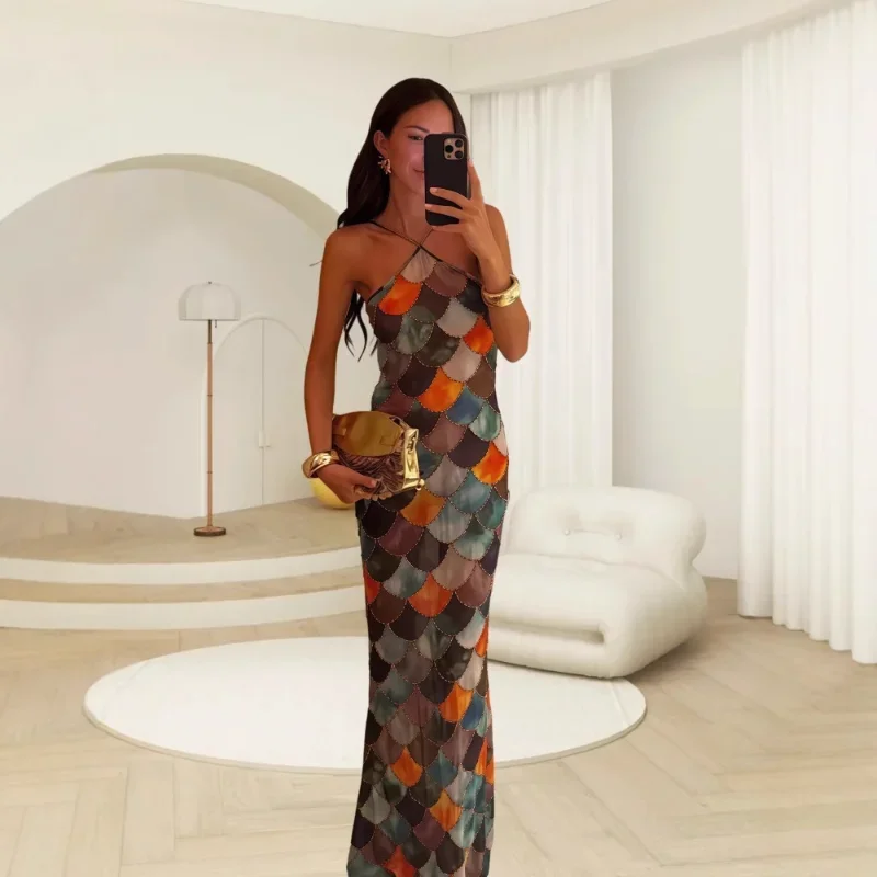 

Sexy Print Long Halter Dress Women Sleeveless Backless Package Female Party Dresses 2025 Spring Summer Lady Shiny Robes New