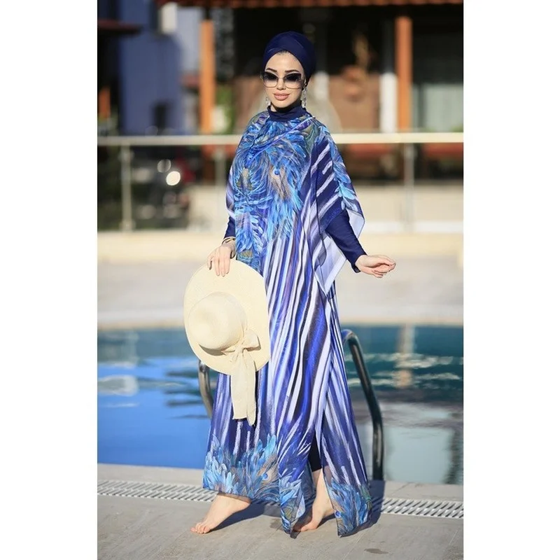 Women Muslim Swimwears Long Sleeves Sport swimming Togs Printed Stretch Full Cover Hijab 4pcs lslamic Burkinis Wear Bathing Suit