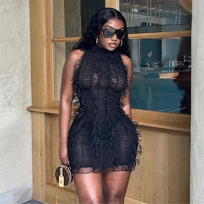 DSMTRC Personality Fashion Sexy Club Women Sleeveless See-through Mini Dress Black Patchwork O-neck Pullover Skinny Vestidos New