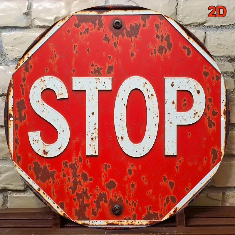 1pc Vintage 2D Flat Metal  Stop Sign - Rustic Red & White Weathered Finish,  20x20cm Round Traffic Sign for Bars, Cafes,