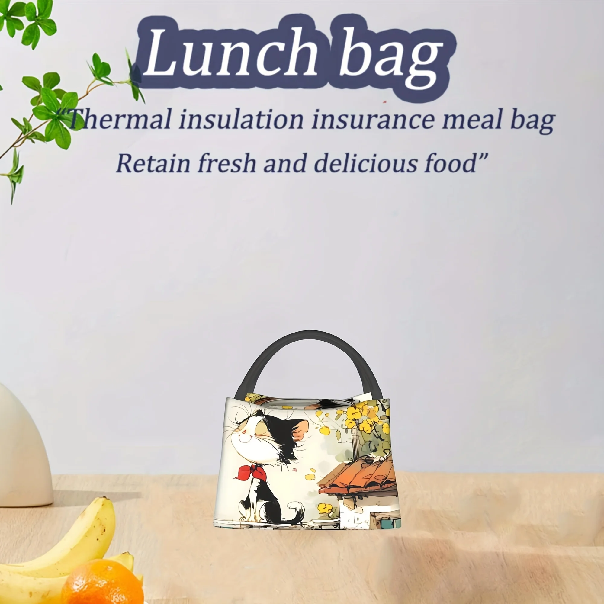 1pc Insulated Lunch Bag With Elegant Kitten Pattern - Portable Reusable Cooler Tote For Camping, Beach, Office & Home