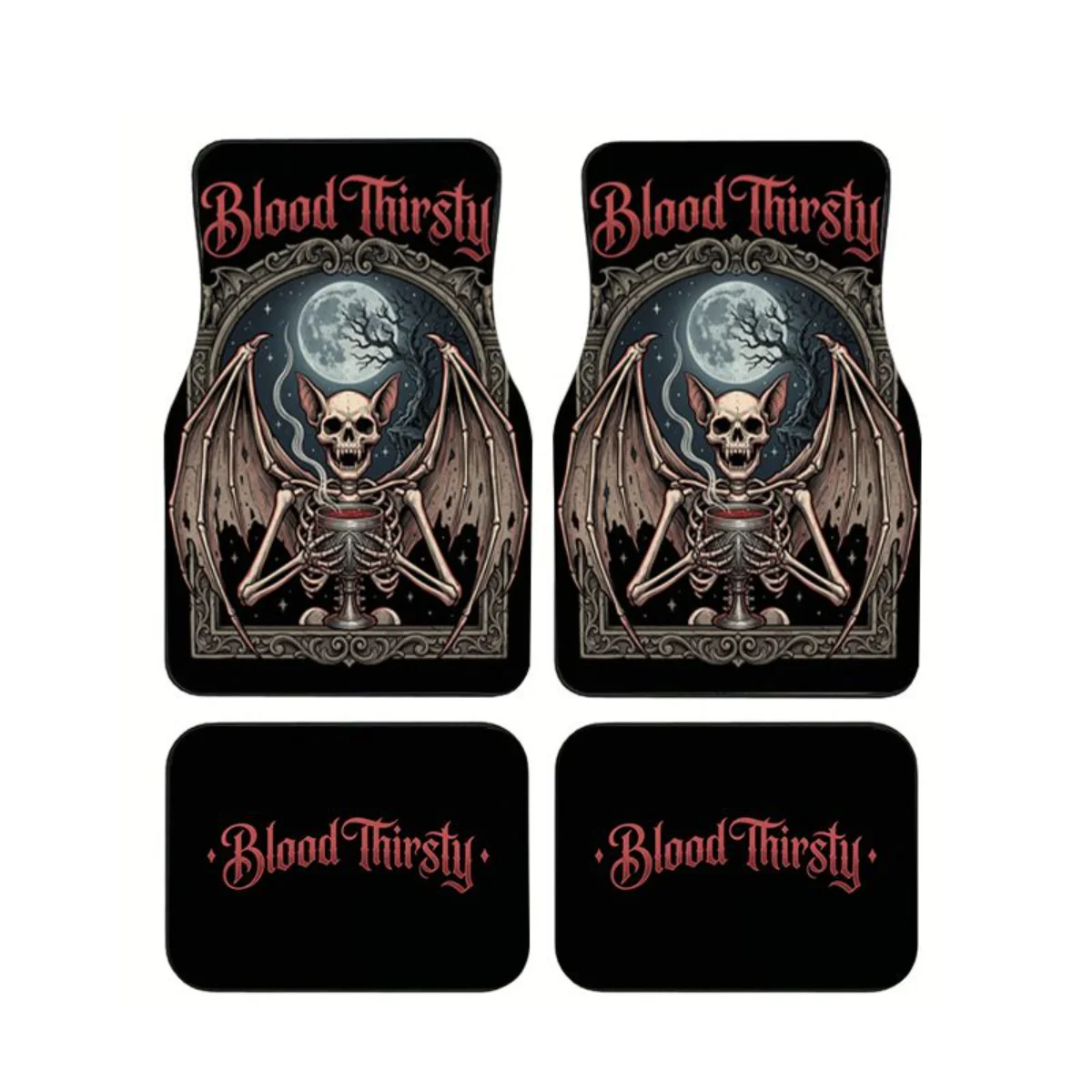 

4Pcs Universal Car Floor Mats Gothic Blood Thirsty Skeleton Bat Print Anti-slip Auto Foot Carpet Interior Accessories For SUVs