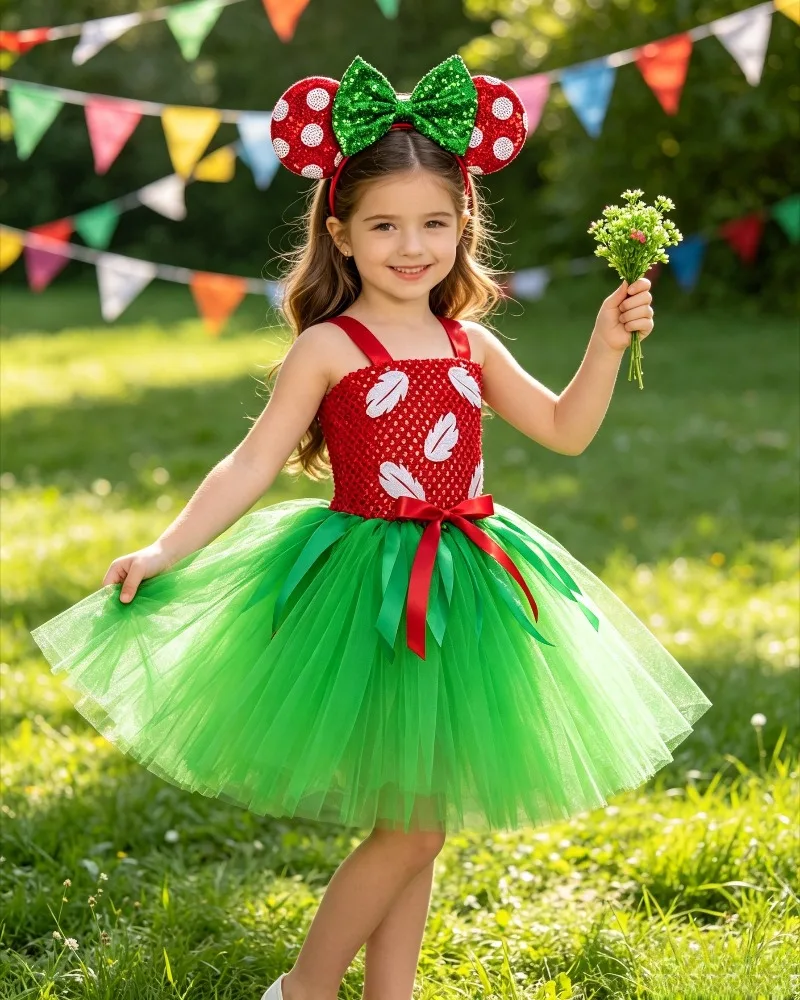 Halloween Girls Red Mesh Tutu Dress Hawaiian Grass Skirt Style Fluffy Tulle Outfit Tropical Themed Layered Sparkle Party Dress