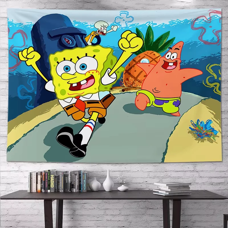 سبونجبوب سكوير وباتريك ستار الكرتون نسيج الجمالية غرفة ديكور المنزل الهبي الجدار الشنق خلفية نسيج هدية