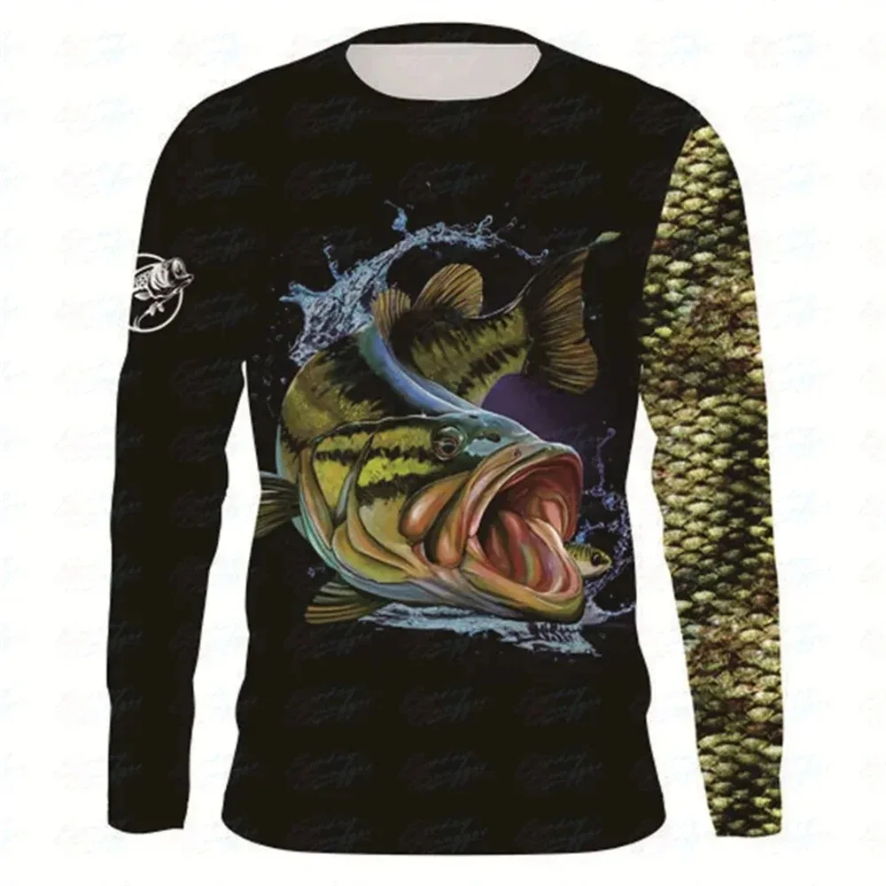 الرجال الصيد طويلة الأكمام طاقم الرقبة تي شيرت 3D مطبوعة طاقم الرقبة قميص سريعة الجافة عارضة الرياضة أزياء فضفاضة شخصية أعلى