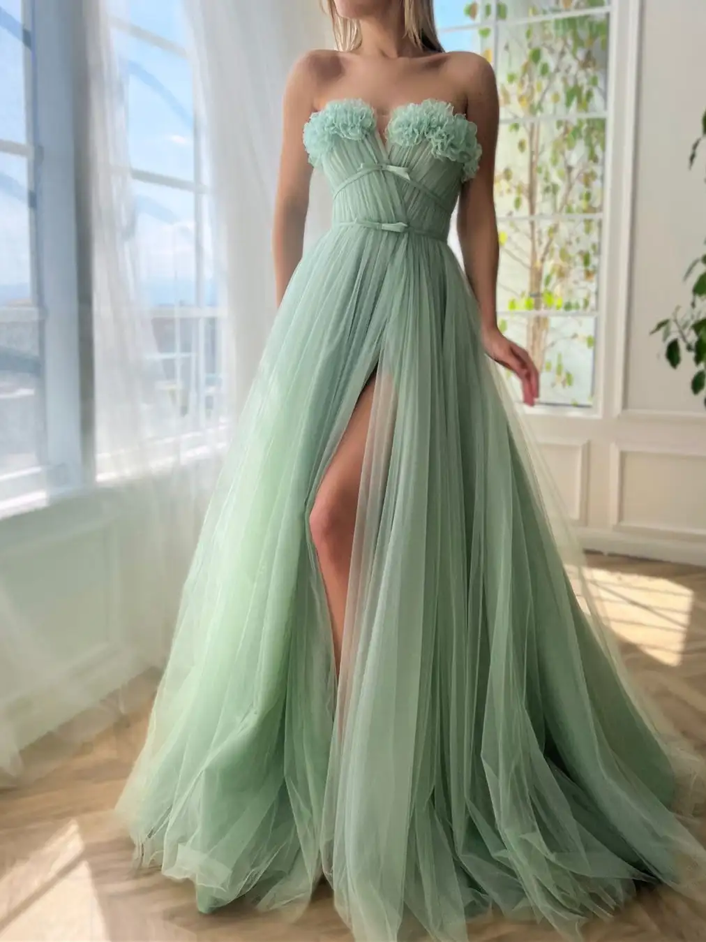 Hot A-Line Heart Strapless and Floor Prom Gowns 2024 High Slit Solid Long Dresses cocktail dresses