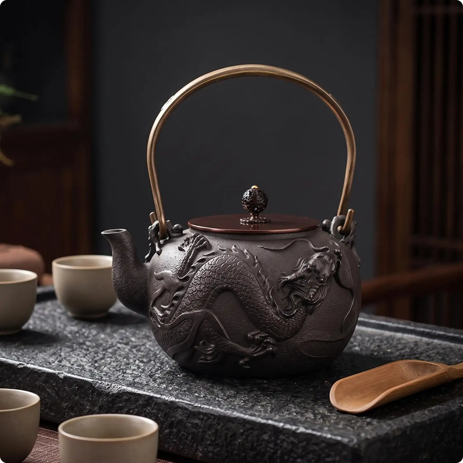Cast-Iron Teapot Handmade Teapot with Dragon Relief Tetsubin Traditional for Collectors