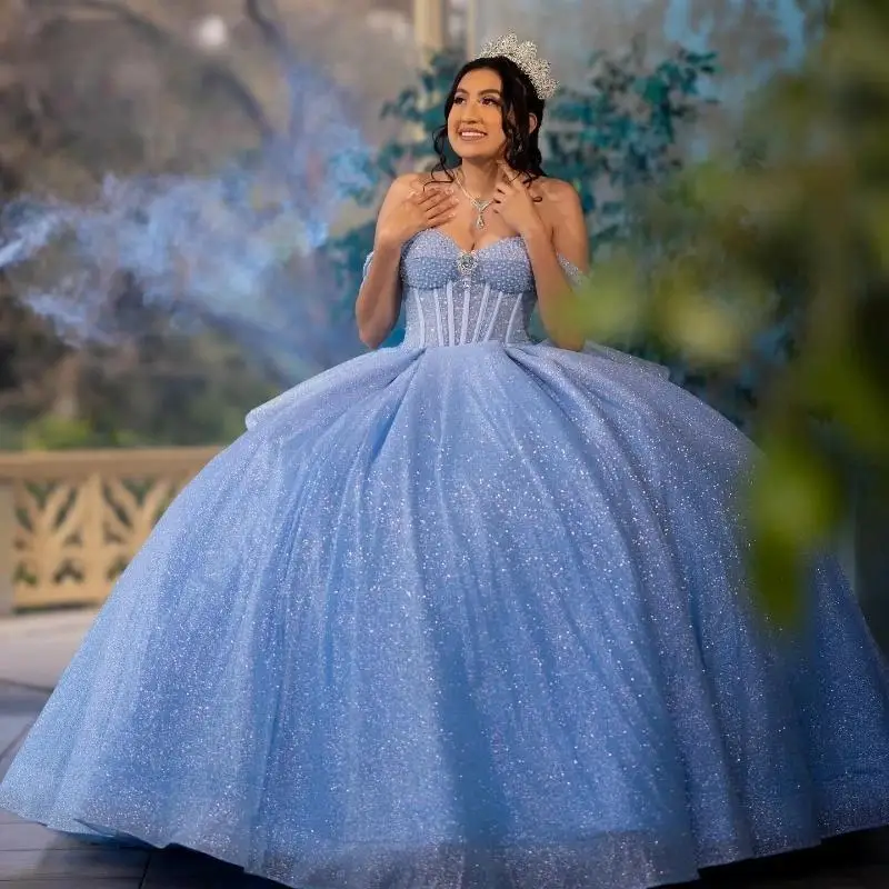 

Glitter Blue Quinceanera Dress Ball Gown Applique Beading Crystals Tiered Bow Back Sweet 16 Vestido De 15 Anos