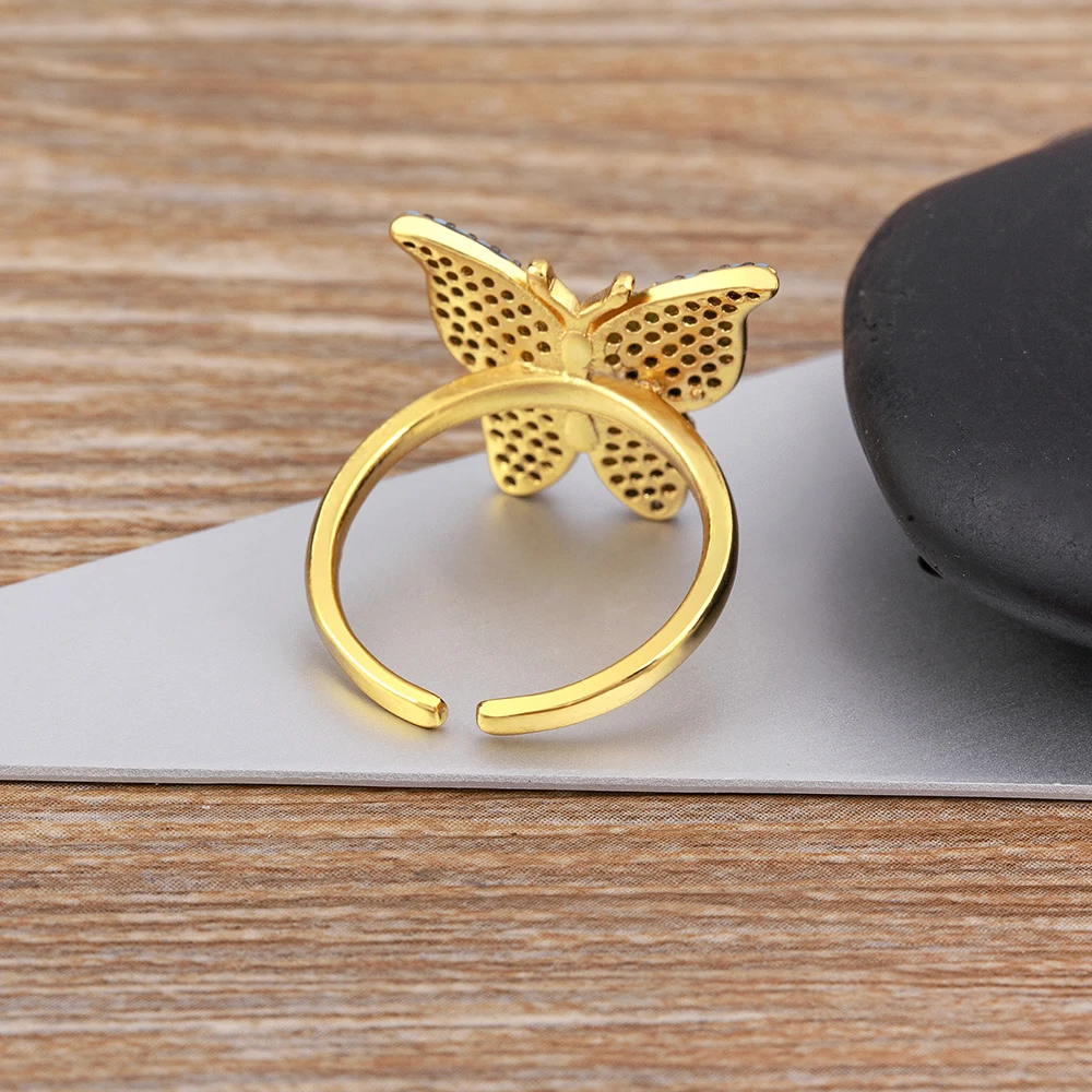 Nidin Fashion Design Opening High-Grade Copper Inlaid Zircon Lucky Butterfly Adjustable Ring Luxury Shiny Cocktail Party Jewelry