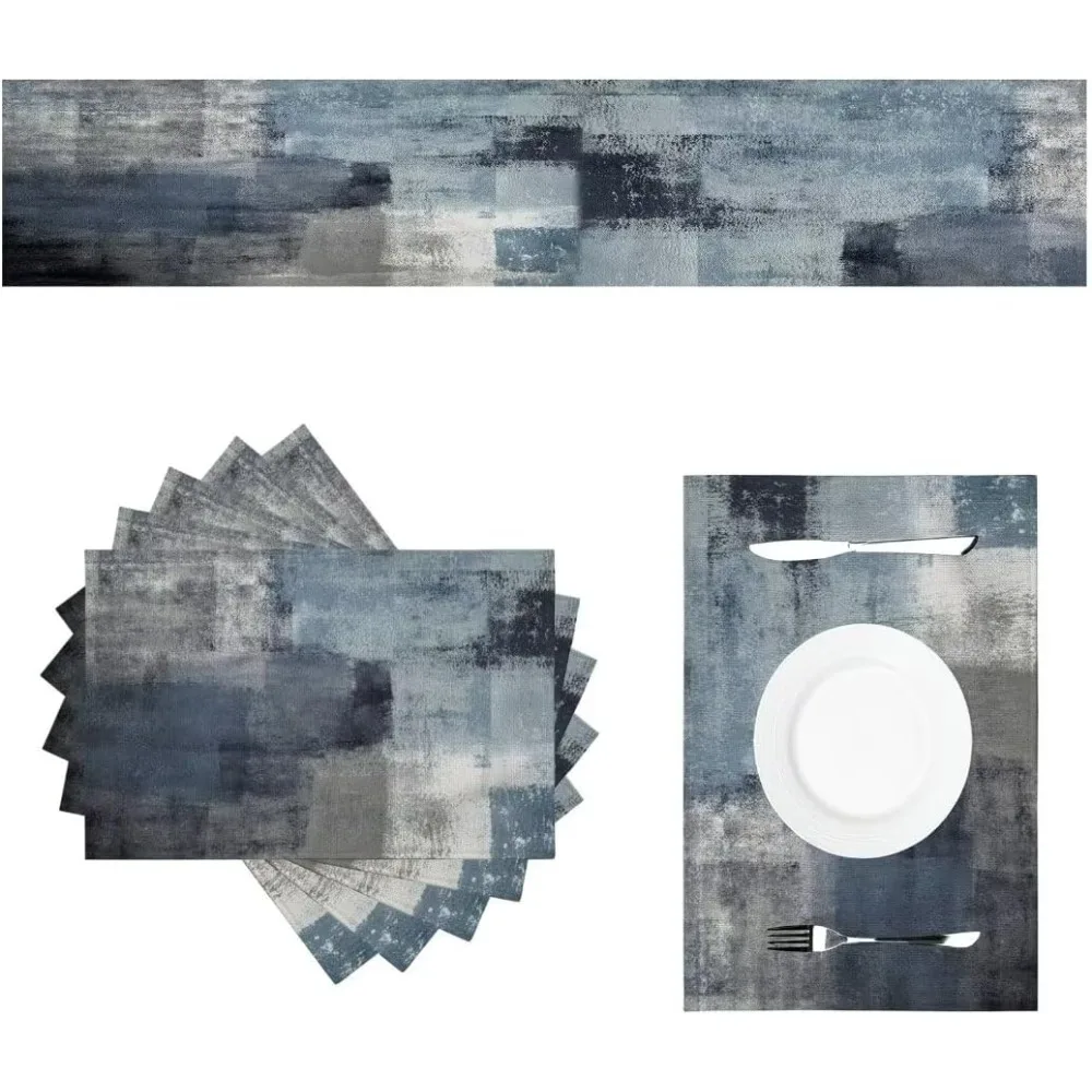 

Серо-синий моющийся термостойкий льняной набор бегунов и салфеток для стола, современный дизайн абстрактной живописи на 6 человек