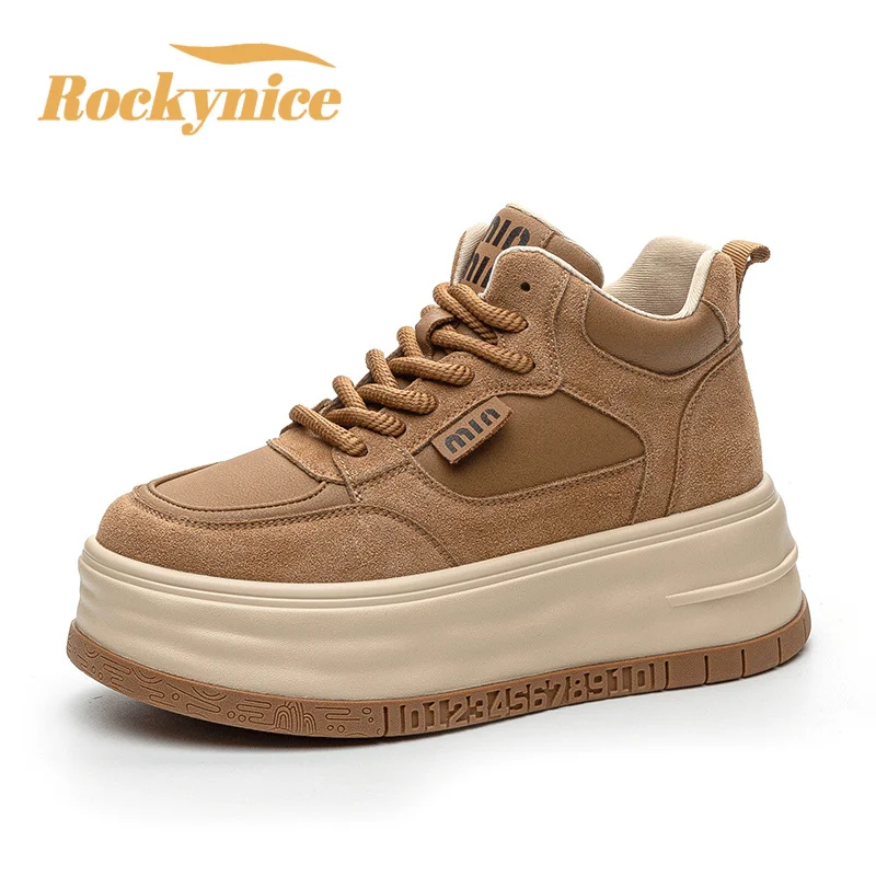 7CM New Women Genuine Leather Casual White Shoes Chunky Sneakers 2026 Spring High Platform Sports Dad Shoes Woman Skate Shoes