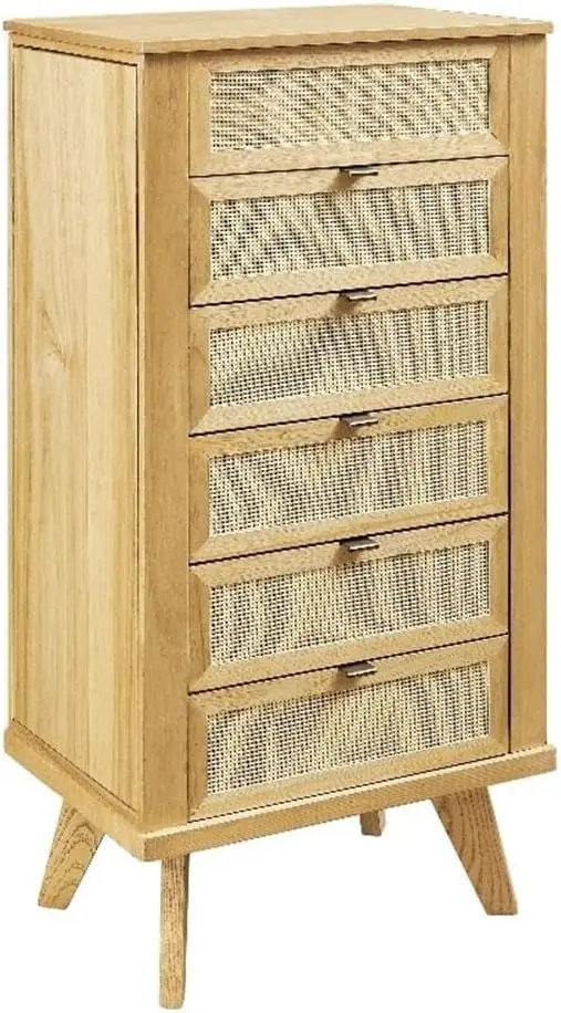 5-Drawer Wood & Cane Jewelry Armoire With Flip Top In Natural Brown