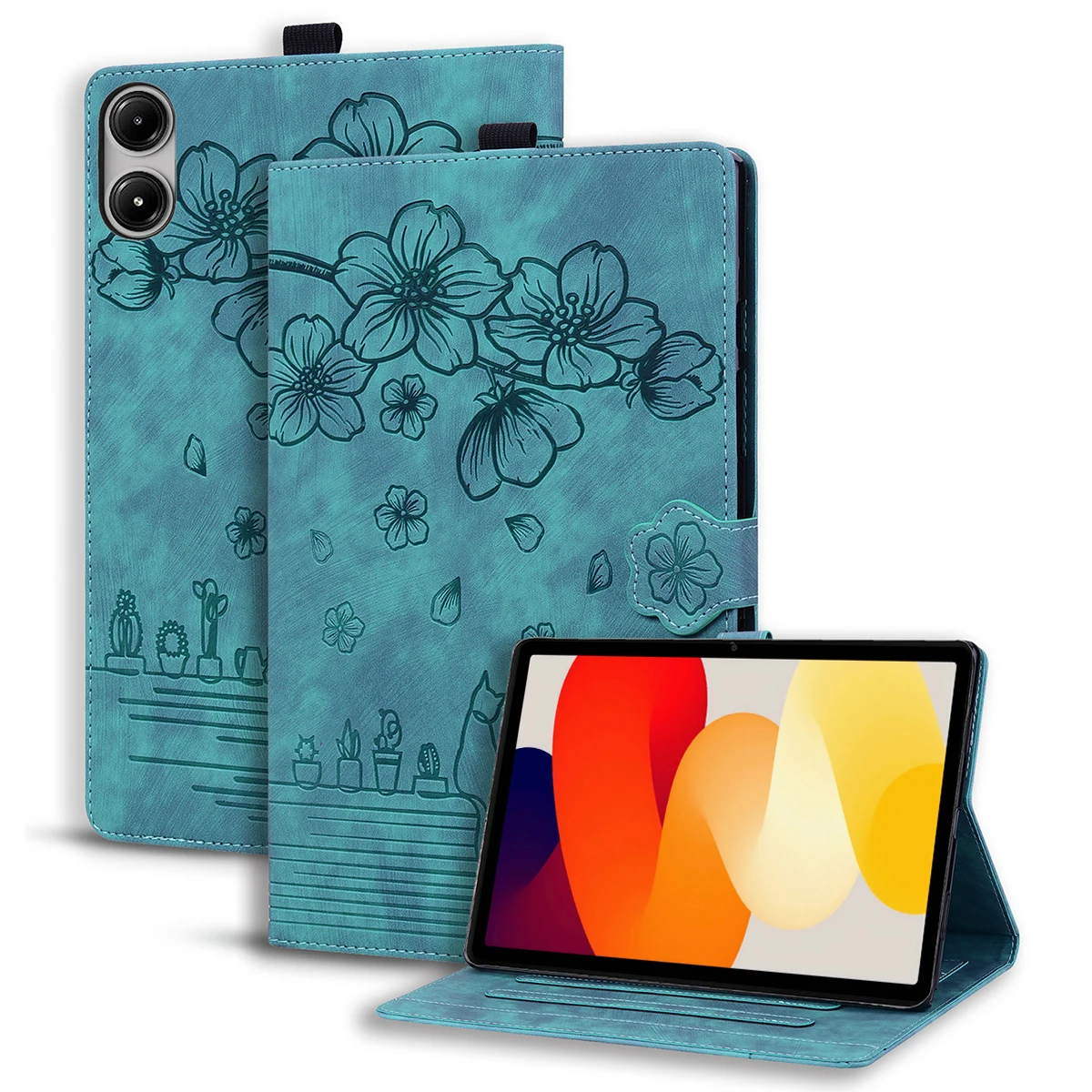 For Xiaomi Redmi Pad 2 11 Case Flip Stand Leather Phone Cover Cherry Blossom Cat Imprinted - Green