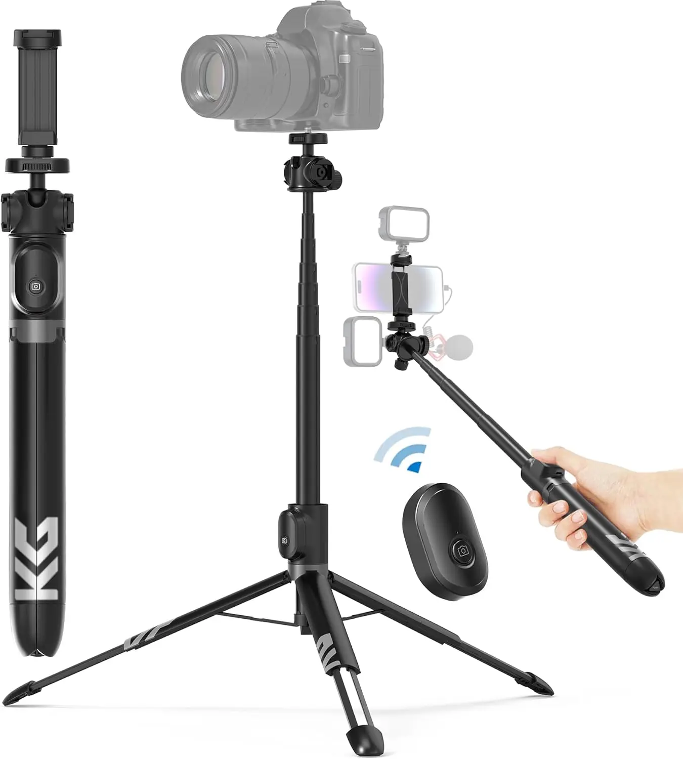 

Tripod for Phone and Camera, 60" Tripod Stand for iPhone and Android with 3 Cold oes for Light and Microphone (Both ar
