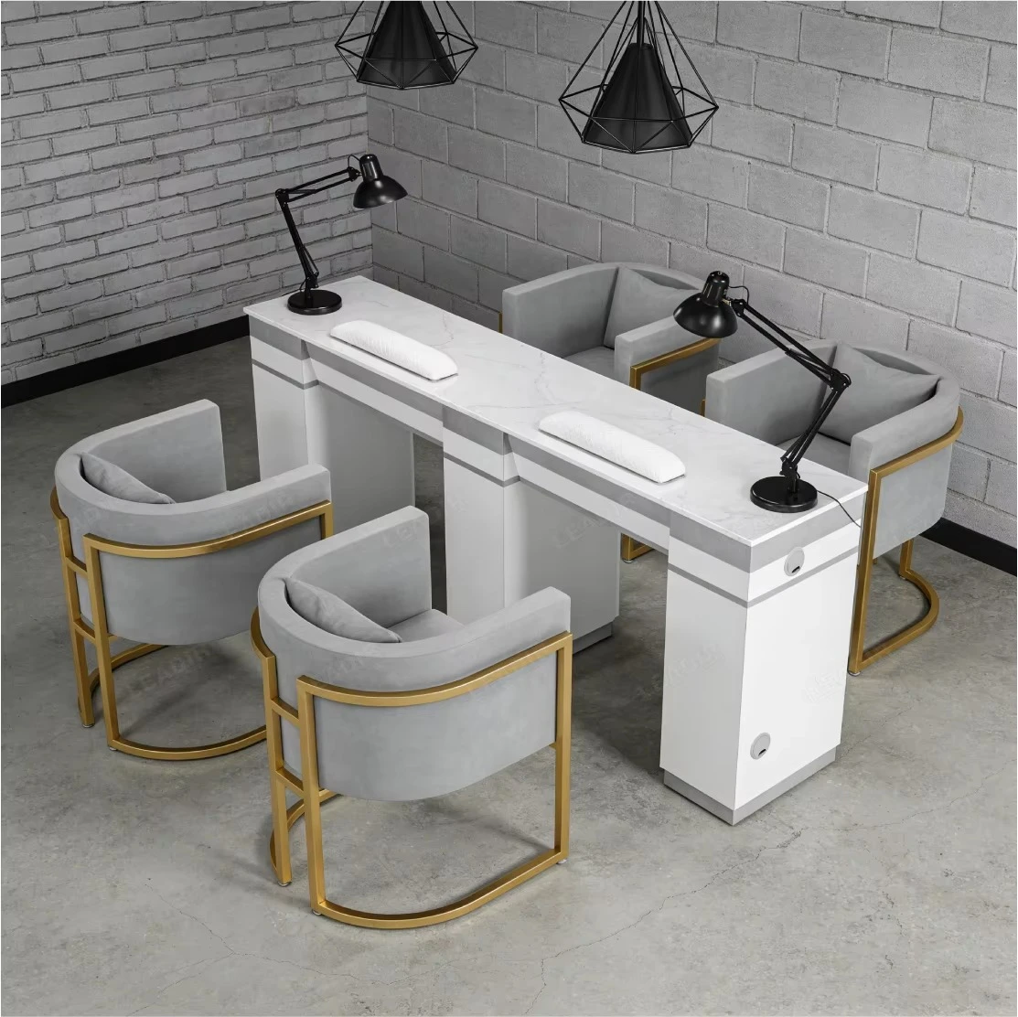 

Modern Salon Station Furniture Manicure Wood Double Nail Table and Chairs Nail Work Station Manicure Table With Vacuum
