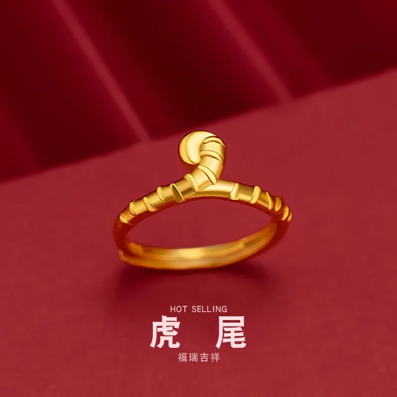 9999 Real Gold 24K Zodiac Tiger Tail Ring Female Cute Tiger Live Ring