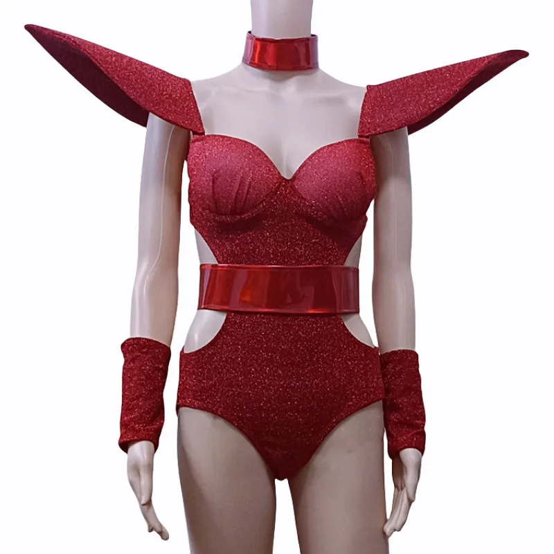 

Nightclub Bar Women DJ Gogo Dancer Group Sexy Stage Wear Red Hollow Waist Fly Shoulder Bodysuit Halloween Party Cosplay Costume