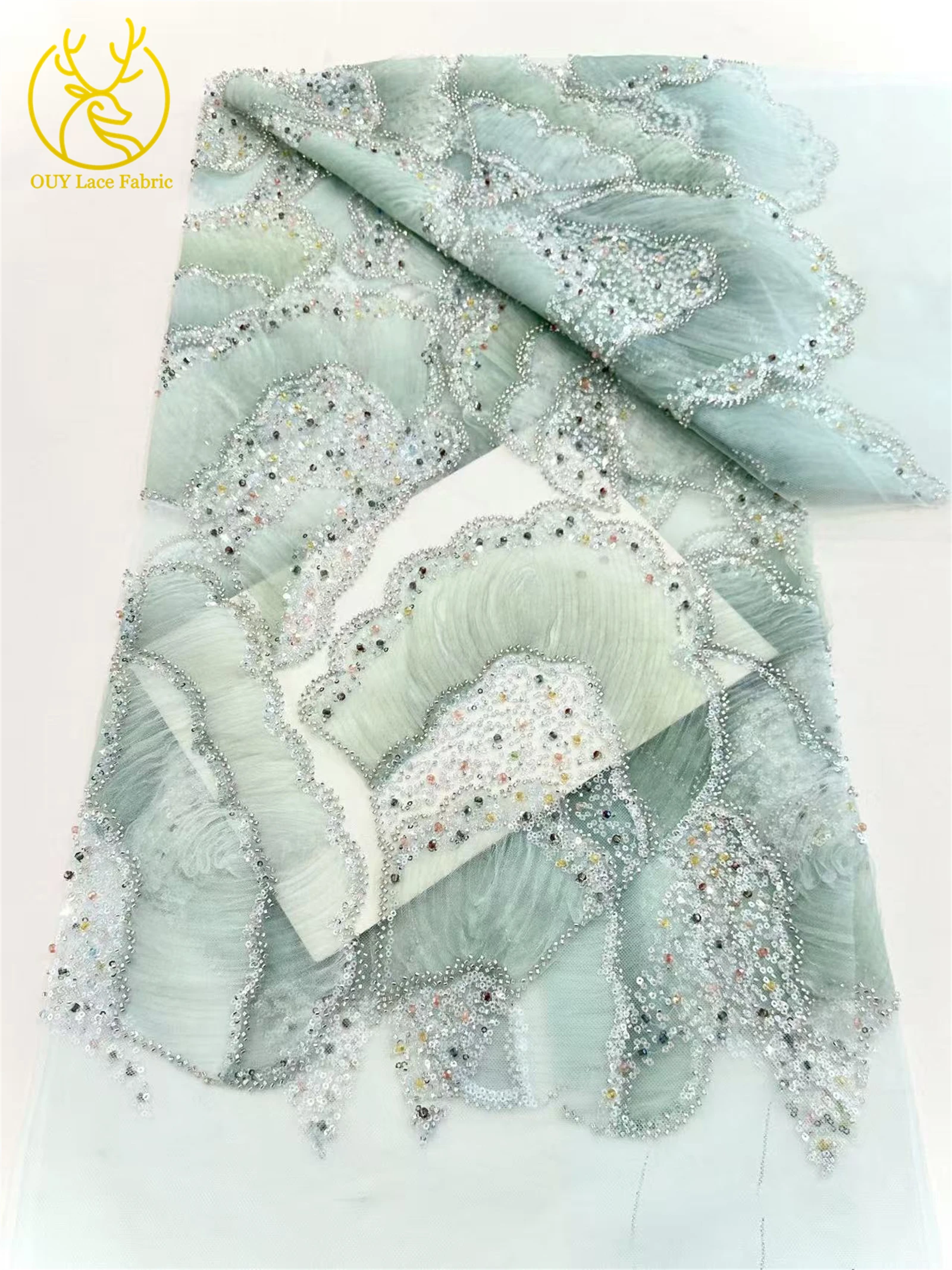 最新の高級スパンコール手作りビーズレース生地 2025 ファッションフレンチチュールメッシュレース生地女性のイブニングドレス素材