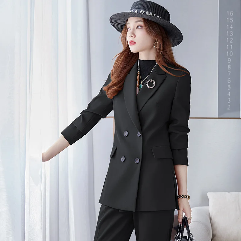 

Long Sleeve Double Breasted Solid Color Slim Fit Female Boutique White Fashion Suit Business Trousers Black Work Uniforms