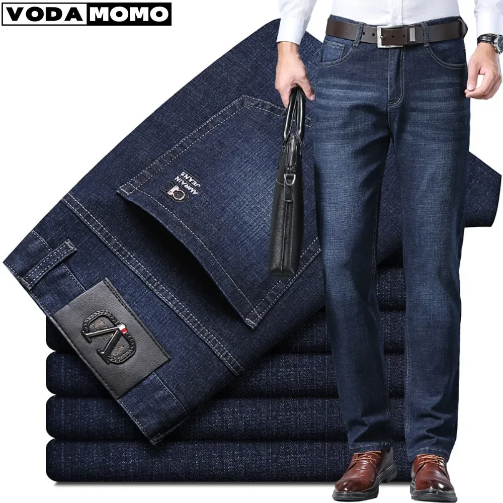 Celana panjang bisnis kasual pria, Jeans Denim reguler Fit kaki lurus elastis modis regang 2023