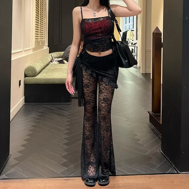 

2025 Women's Summer New Casual Suspender Strapless Style Lace Flared Pants Asymmetrical Two-piece Set