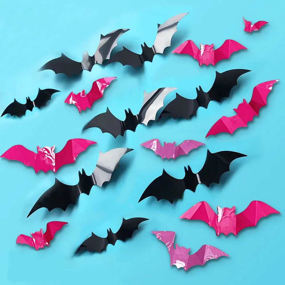 16pcs Halloween Bats Wall Stickers Reusable 3D PVC Scary Bats Window Decal For Home Indoor Window Glass Door Wall Decor