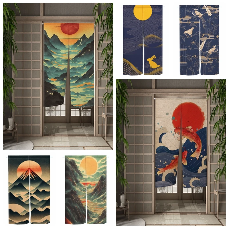 Japanese Style Noren Door Curtains Mountain Koi Fish Pattern Entryway Partition Screens Restaurant Kitchen Hanging Half curtain