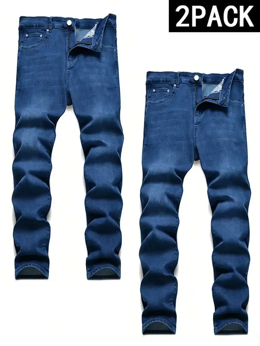 

Mens Slim Fit Biker Style Ripped Jeans 2 Pack Dark Blue Denim