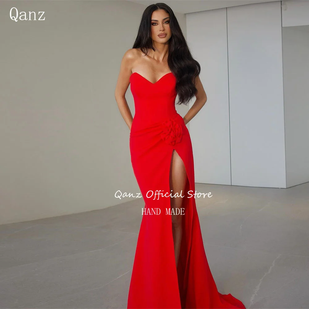 

Qanz Red Evening Dresses High Slit Satin Wedding Party Dress Mermaid Sweetheart Vestidos Para Eventos Especiales Customized
