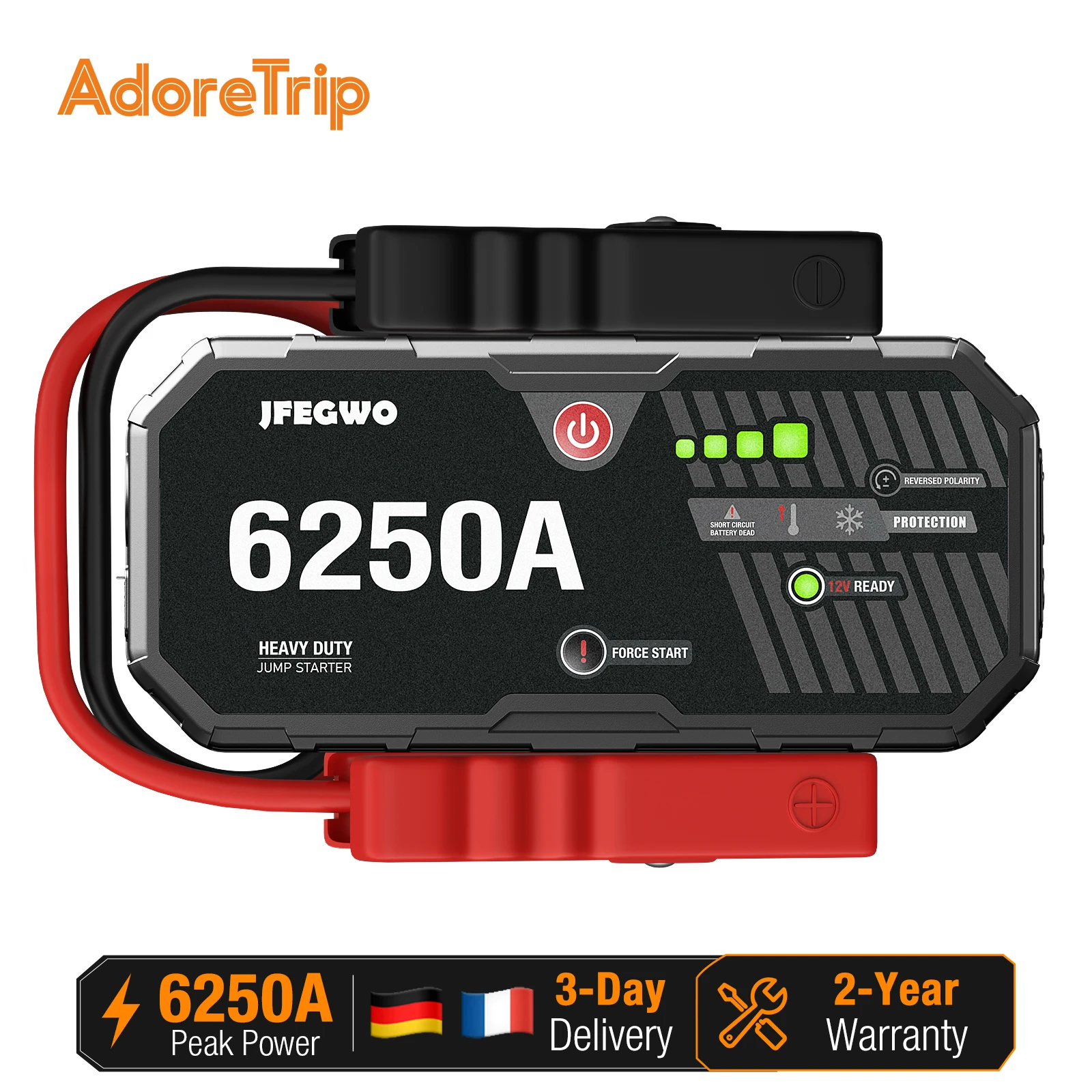 Image of AdoreTrip Auto Starthilfe 6250A 12V Batterie Booster Powerbank für PKW SUV 48 Monate Standby 2 Jahre Garantie