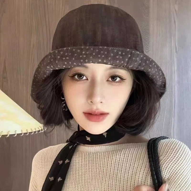 Women Bucket Hat Reversible Double Sided Printed Fisherman Cap Denim Style Polka Dot Casual Sun Hat Cute Adjustable Visor