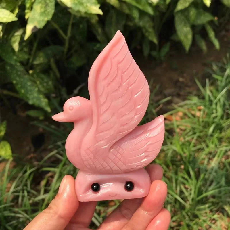 Hand Carved Cute Natural Pink Opal Quartz Crystal Swan Statue Arts and Crafts Beautiful Gemstone Animal Sculpture Figurine Buddy