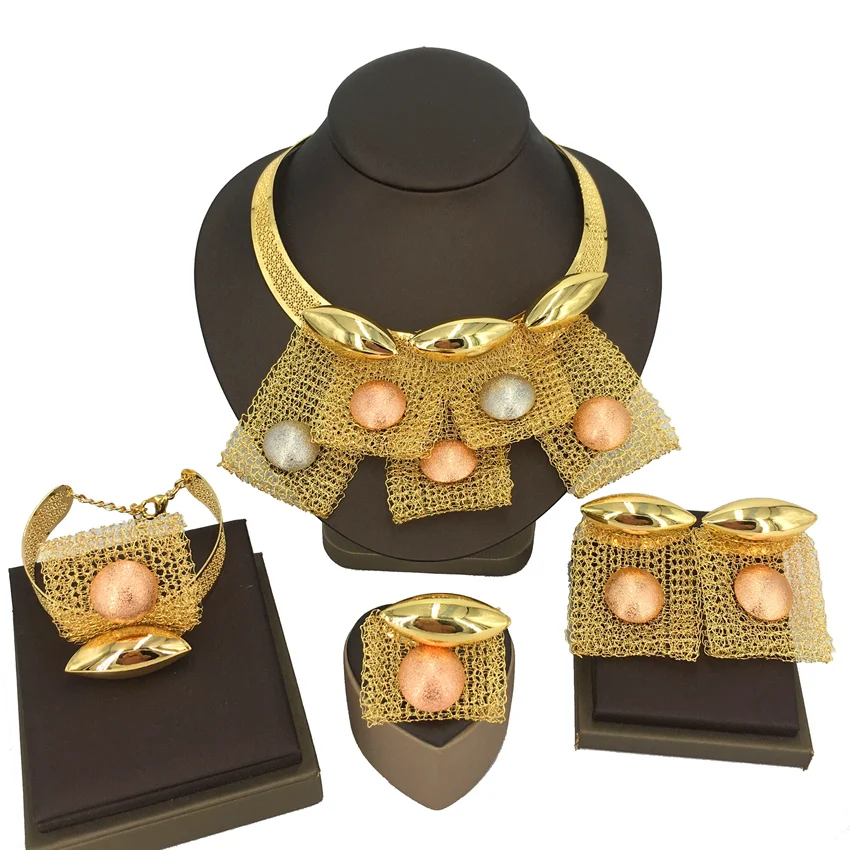 

Yuminglai African Bridal Jewelry Sets for Women Luxury Wedding Necklace Bracelet Dubai Gold-Plated Jewelry Set FHK13573