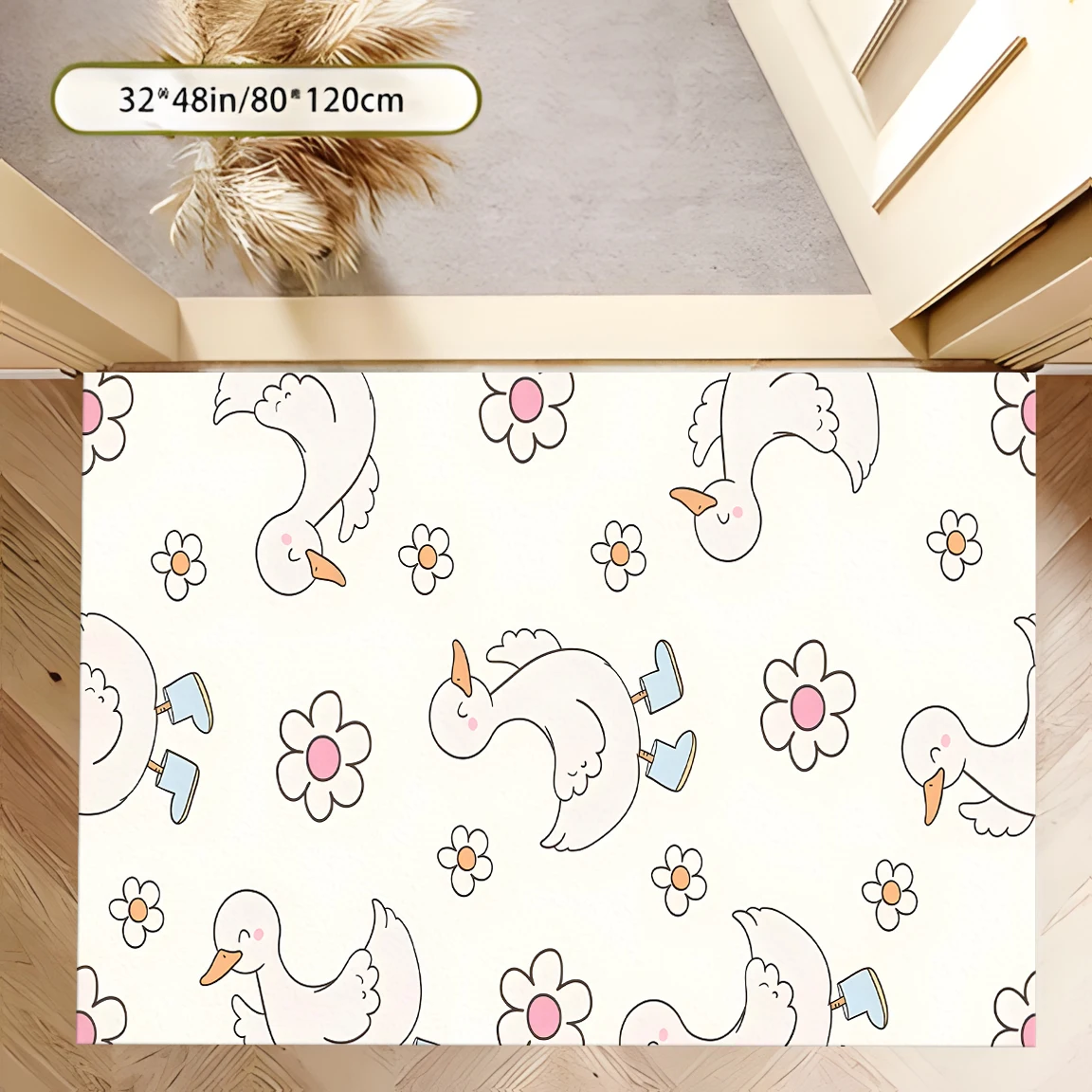 2D Large Carpet Adorable White Goose Flower Cream Soothing for Bedroom Living Room Bedside