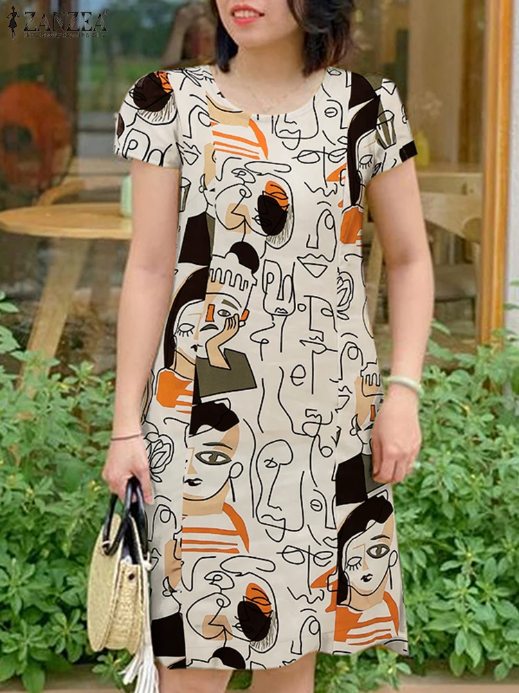 2025 여성 여름 Sundress ZANZEA 빈티지 꽃 프린트 드레스 Bohemain 무릎 길이 휴가 드레스 캐주얼 반소매 Vestidos
