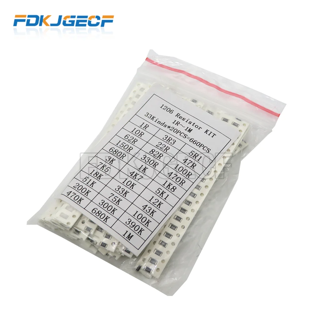 1206 kit de resistor smd sortido igmopnrq 1ohm-1m ohm 1% 33valuesx 20 pces = 660 pces amostra kit