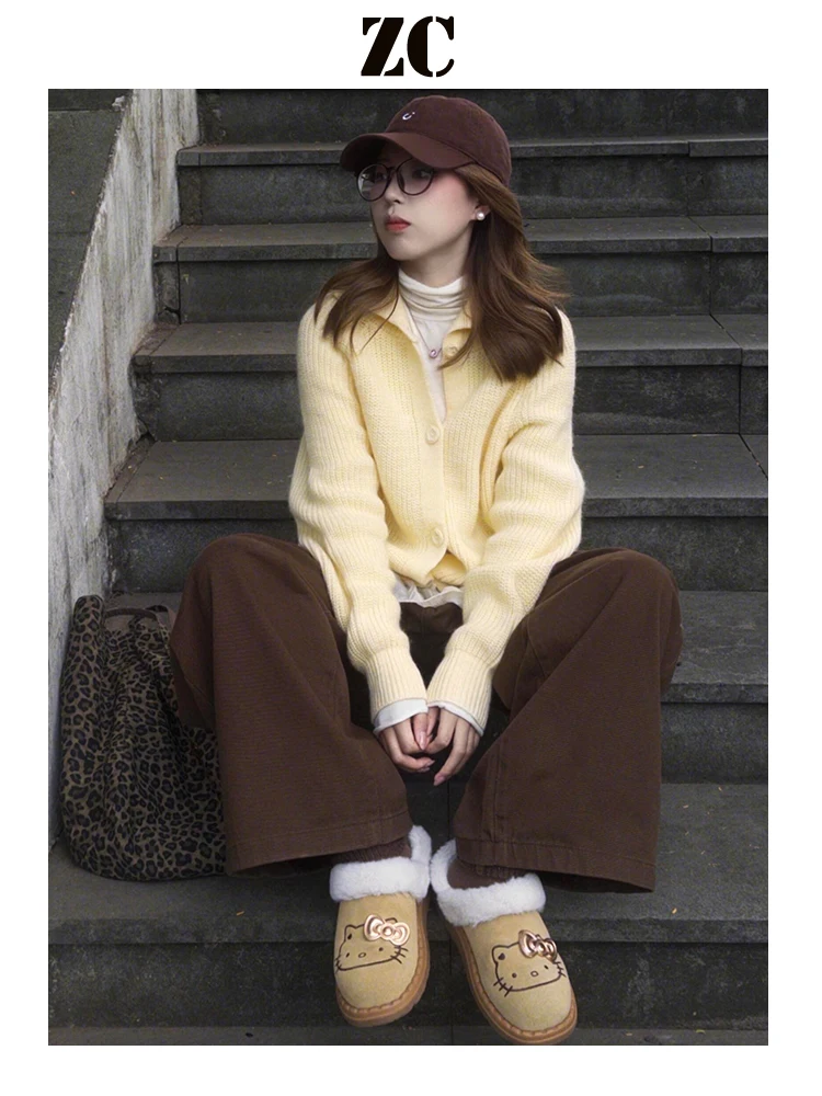 High Waist Fleece Lined Wide Leg Denim Jeans Women's Brown Coffee Color Straight Cut Retro American Style Winter Trousers