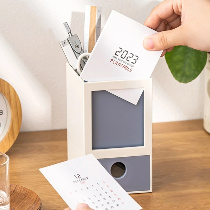 Porta-canetas organizadores armazenamento lápis com gaveta calendário organizadores copos caneta