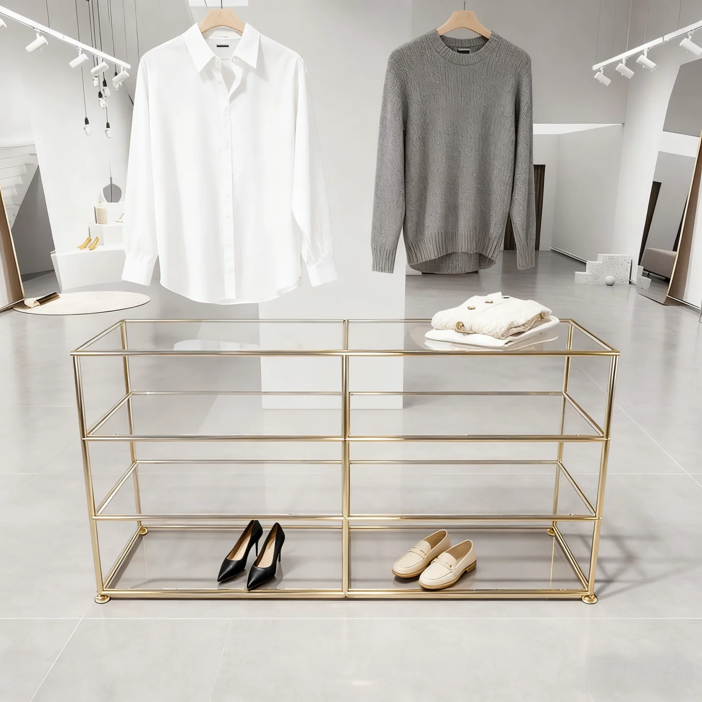 

Стол-витрина для демонстрации одежды в магазине женской одежды, из нержавеющей стали с титановым покрытием, для демонстрации обуви и сумок.