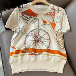 4.18 KlasonBell 2024 Spring Summer New Geometric Print Silk Spliced Wool Pullover Knitwear Top Women Short Sleeve T-Shirt