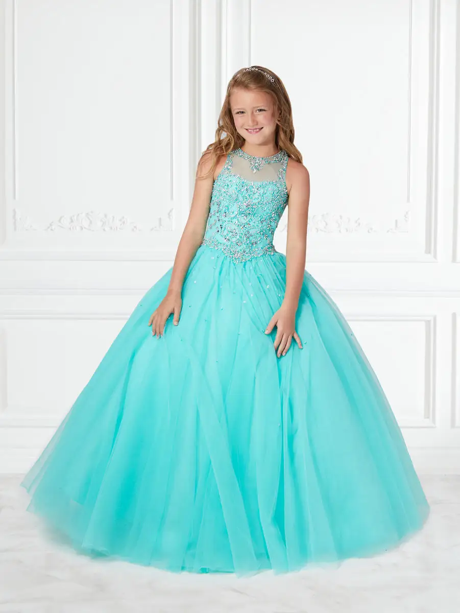 

Turquoise Girls Pageant Dresses A-line Floor Length Tulle Beaded Long Flower Girl Dresses For Weddings Little Baby Kids Tutu