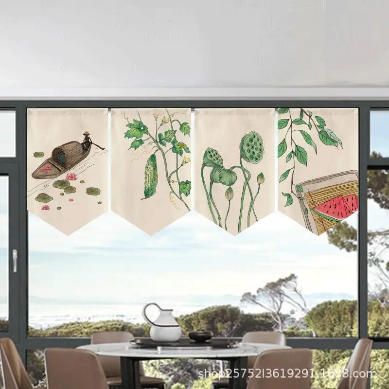VIKAMA Retro Chinese Ink Landscape Wall Hanging Tea Room Decor Zen Style Restaurant Door Window Curtain Home Decor
