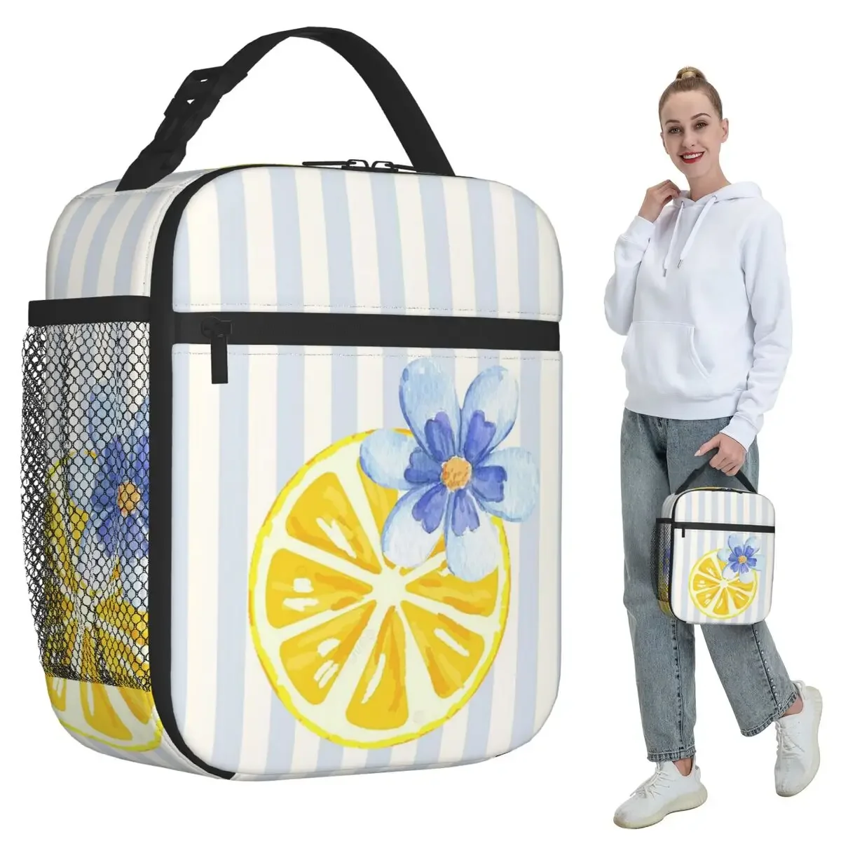 Lemon Slice On Striped Background Insulated Lunch Bag for Women Cooler Thermal Food Box Tote Portable Lunch Boxes Container