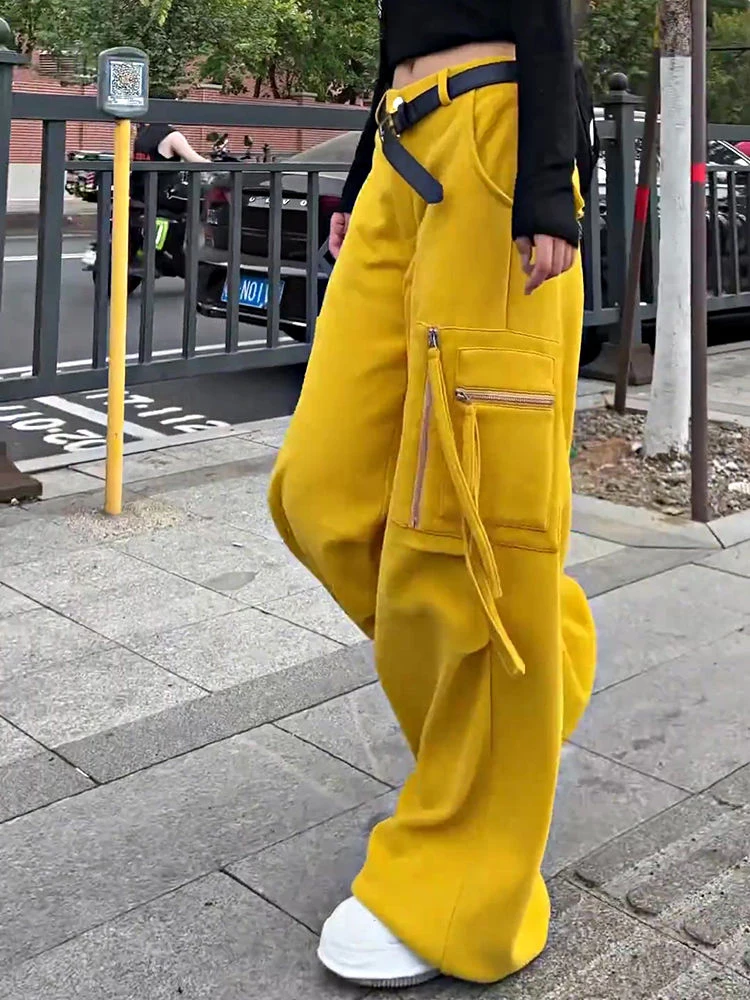 Femmes Streetwear Cargo pantalon ample décontracté poche fermeture éclair lanière jambe large pantalon américain Hip Hop jaune Hottie taille haute pantalon