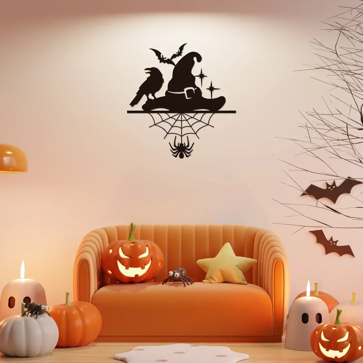 1pc Elegant Halloween Metal Wall Decor: Witch Hat with Spider Web, Bat & Crow Sign. Sophisticated for Home and Party