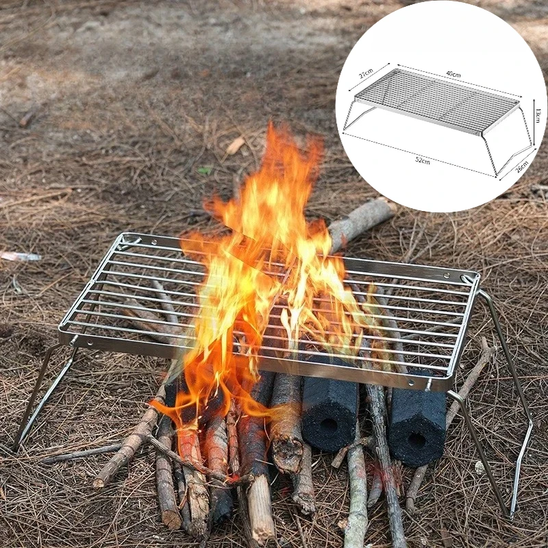 Grille de camping pliable, grilles de cuisson au feu, en acier inoxydable, grilles de cuisson plus épaisses pour le camping, grill de randonnée avec égouttoir pour l'extérieur