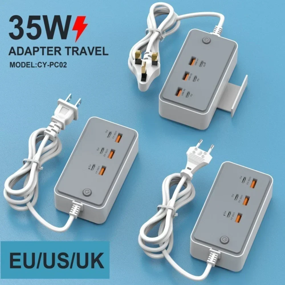Regleta toma de corriente Total 35W enchufe EE. UU./UE/Reino Unido 3PD 3 puertos USB enchufes de Cable de extensión adaptadores cargador de carga rápida Fadt