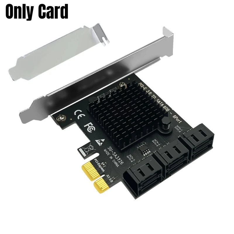 PCI-E 3.0 x1 to 6 Ports SATA3.0 6Gbps Expansion Card Adapter Chipset ASM1166 for HDD/SSD/NAS/Mining, with Heat Sink & 2 Brackets